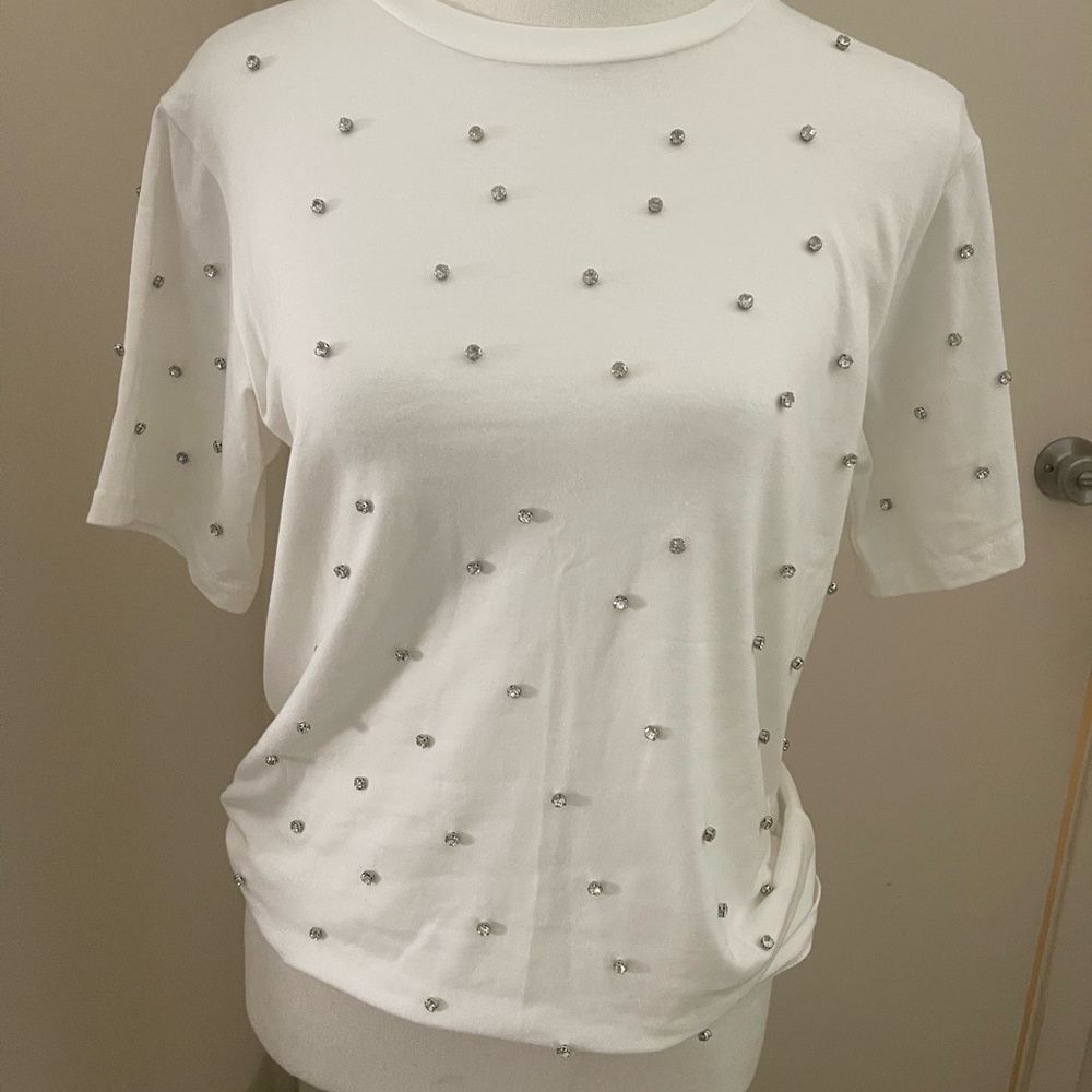 White and Gray Embellished Short Sleeve T-Shirt